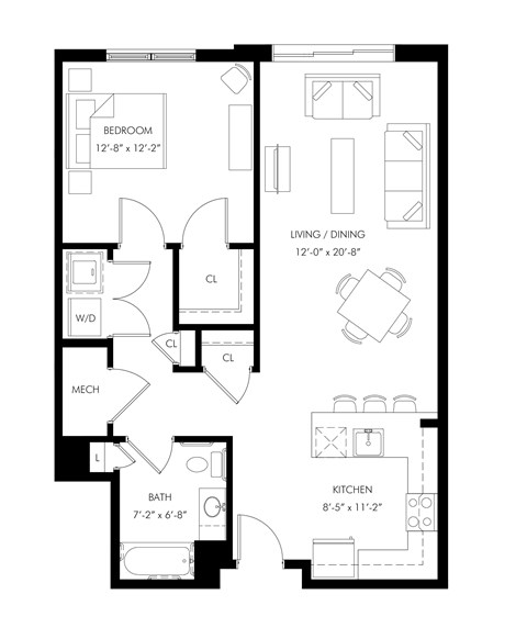 Floor plan for 1 bed, 1 bath, 830 sqft